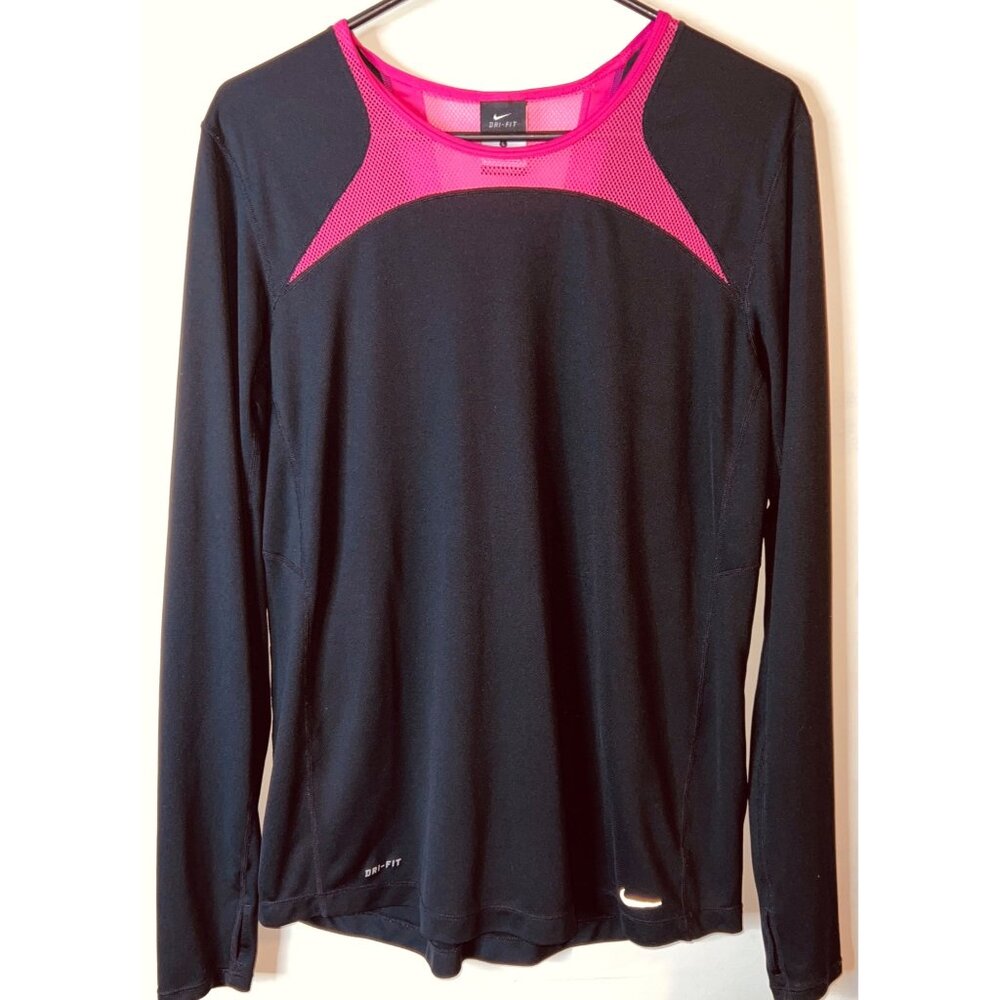 Nike Dri-Fit Long Sleeve Black Top Pink Mesh Detail Large